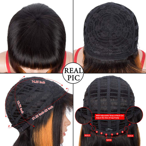 Image of Rebecca Fashion Short Human Hair Bob Wigs With Bangs Ombre Black With Orange Color Dying Hair Behind Ear Wigs 10 inch