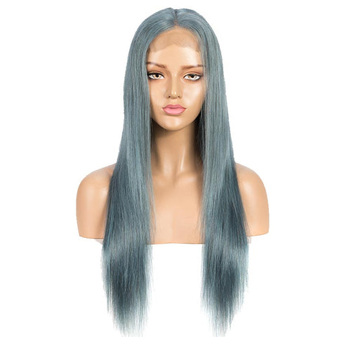 Image of Rebecca Fashion Highlight Blue 100% Human Hair Wigs Straight 4x4 HD Lace Simulated Scalp Wigs 150% Density