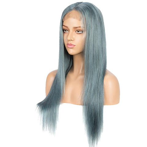 Image of Rebecca Fashion Highlight Blue 100% Human Hair Wigs Straight 4x4 HD Lace Simulated Scalp Wigs 150% Density