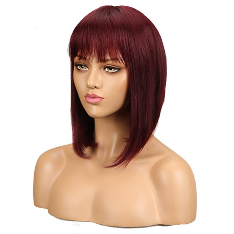 Image of Rebecca Fashion Human Hair Red Wigs 99J Straight Bob Basic Cap Wigs With Bangs