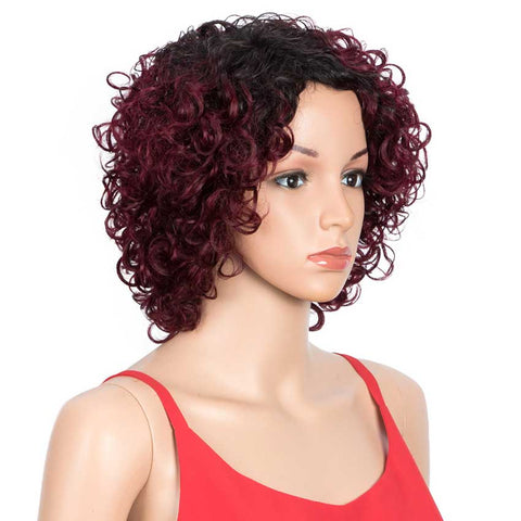 Image of Rebecca Fashion Short Bouncy Curly Wigs Human Hair for Women Cute Human Hair Bob Wigs Ombre Burgunry blonde Wigs