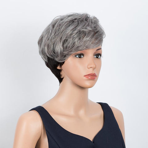 Image of Rebecca Fashion Short Wavy Layered gray Human Hair Wigs Left Side Wigs
