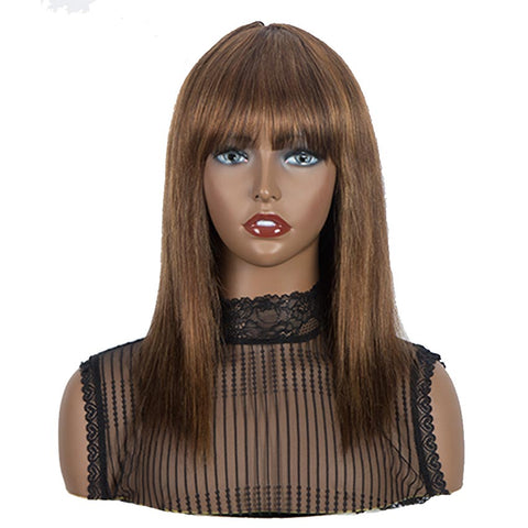 Image of Rebecca Fashion Wig With Bangs Human Hair Brown Color Wigs Straight Hair Basic Cap Wig