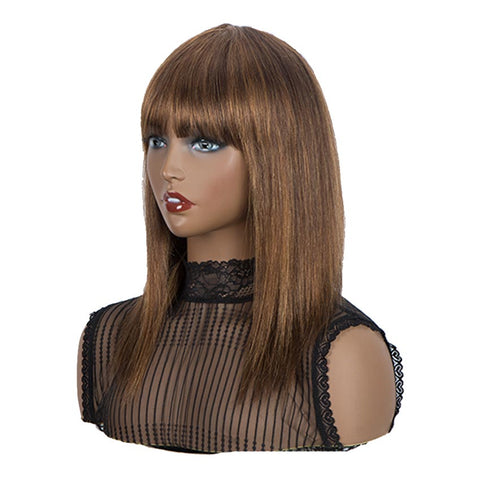 Image of Rebecca Fashion Wig With Bangs Human Hair Brown Color Wigs Straight Hair Basic Cap Wig