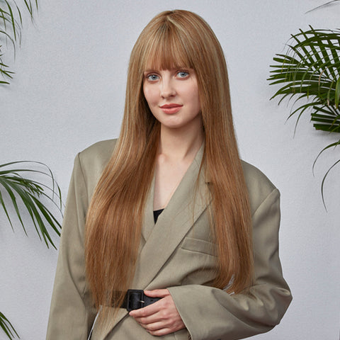 Image of Rebacca Fashion Ombre Brown Blonde Color Straight Human Hair Wigs With Bangs For Women 150% Density