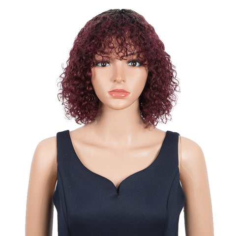Image of Rebecca Fashion Short Curly Wigs with Bangs Kinky Curly Wigs for Black Women 14 Inch Remy Ombre Wine Red Wig