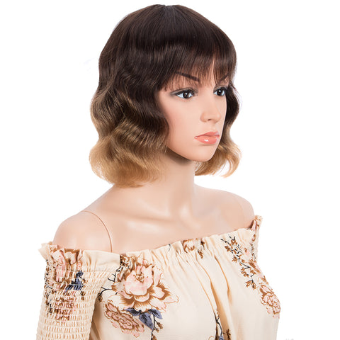 Image of Rebecca Fashion Short Body Wavy Human Hair Wigs With Bangs for Black Women Wavy Bob Wig Ombre Brown Blonde Color