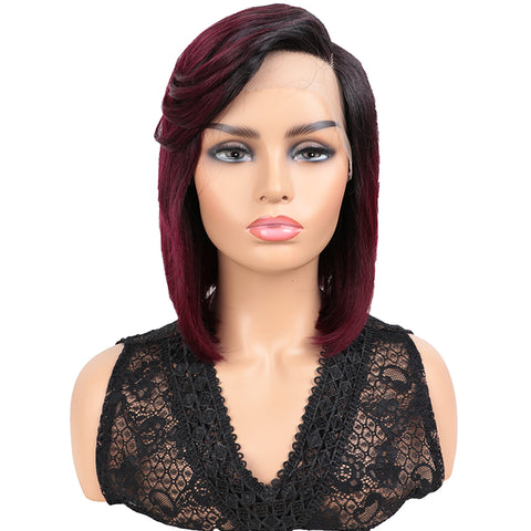 Image of Rebecca Fashion Human Hair Wigs with High Side Bangs 4.5 inch Lace Side Part Wig for Women Ombre Wine Red Color Wigs