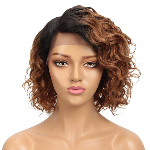Image of Rebecca Fashion Short Wavy Lace Front Wigs Human Hair Side Lace Part Wavy Bob Wigs for Women Ombre Color
