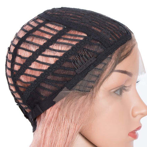 Image of Rebecca Fashion Straight Part Lace Human Hair Pink Bob Wigs With Bady Hair 12inch