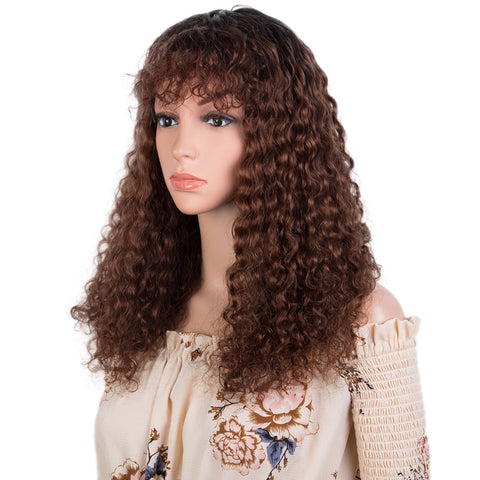 Image of Rebecca Fashion Short Curly Wigs with Curly Bangs Kinky Curly Wigs for Black Women Virgin Remy Wig Can Be Restyled Ombre Brown Color