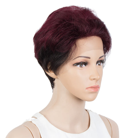 Image of Rebecca Fashion Human Hair Pixie Cut Wigs Pixie Bob Wig with Hand-tied Hairline Dark Wine Red Color