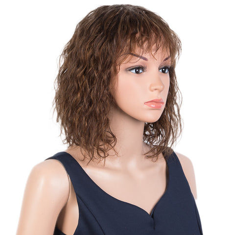 Image of Rebecca Fashion Short Curly Wavy Human Hair Bob Wigs with Bangs for Black Women 100% Human Hair Wigs with Bangs Ombre Brown Color