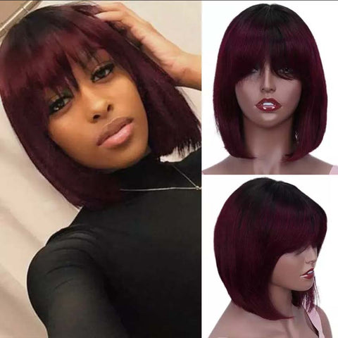 Image of Rebecca Fashion T1B/99J Short Bob Wig Straight Hair Wigs With Bangs