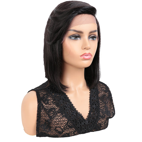 Image of Rebecca Fashion Human Hair Wigs with High Side Bangs 4.5 inch Lace Side Part Wig for Women Natural Color Wigs