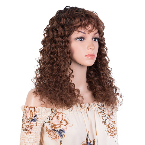 Image of Rebecca Fashion Deep Wave Human Hair Wigs with Bangs Remy Human Hair Wig with Curly Bangs for Black Women Ombre Brown Color