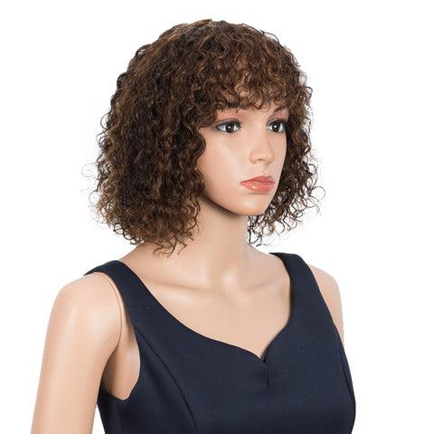 Image of Rebecca Fashion Short Curly Wigs with Curly Bangs Kinky Curly Wigs for Black Women 14 Inch Remy Brown Wig