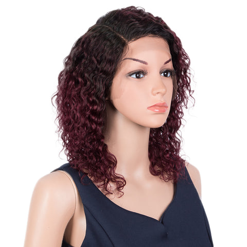 Image of Rebecca Fashion Human Hair Lace Front Wigs 5 inch Side Lace Part Wigs 14 inch Curly Wavy Wig for Black Women Ombre Burgundy Red Color