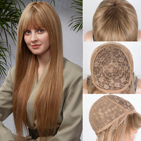Image of Rebacca Fashion Ombre Brown Blonde Color Straight Human Hair Wigs With Bangs For Women 150% Density
