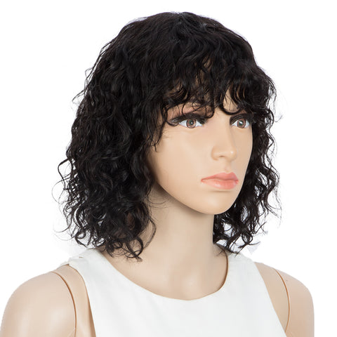 Image of Rebecca Fashion Short Human Hair Bob Wigs with Bangs Curly Wavy Wig for Black Women Natural Black Color Wigs with Curly Bangs