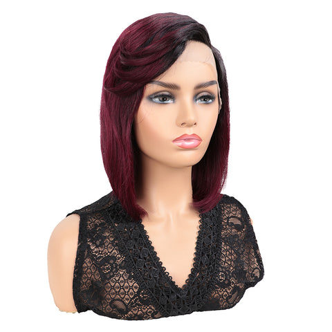 Image of Rebecca Fashion Human Hair Wigs with High Side Bangs 4.5 inch Lace Side Part Wig for Women Ombre Wine Red Color Wigs