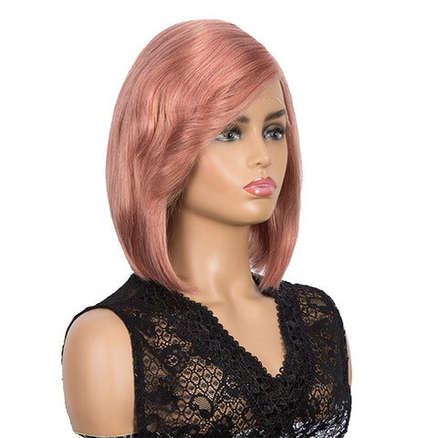 Image of Rebecca Fashion Human Hair Wigs with High Side Bangs 4.5 inch Lace Side Part Wig for Women Pink Wigs