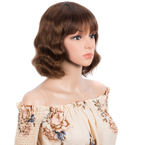 Image of Rebecca Fashion Short Body Wavy Human Hair Wigs With Bangs for Black Women Wavy Bob Wig Medium Brown Color