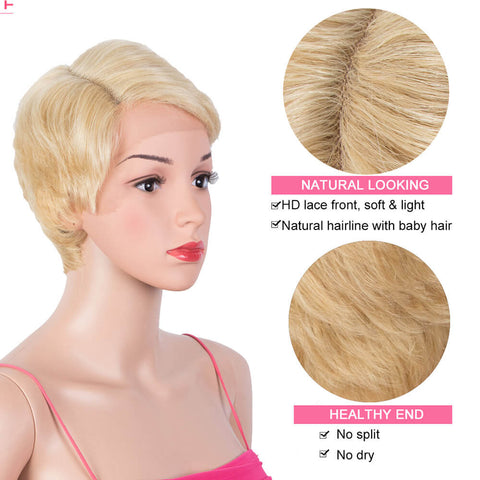 Image of Rebecca Fashion Blonde Pixie Cut Wigs HD Lace Front Wigs Human Hair Short Straight Boy Cut Wigs for Women