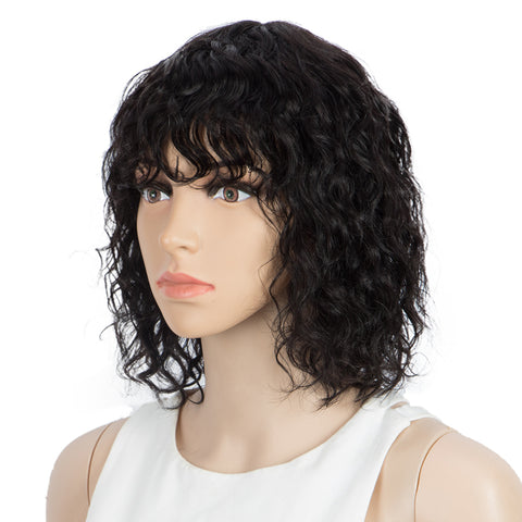 Image of Rebecca Fashion Short Human Hair Bob Wigs with Bangs Curly Wavy Wig for Black Women Natural Black Color Wigs with Curly Bangs
