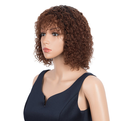 Image of Rebecca Fashion Short Curly Wigs with Bangs Kinky Curly Wigs for Black Women 14 Inch Remy Ombre Brown Wig
