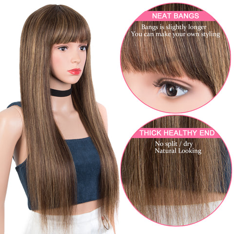 Image of Rebacca Fashion Ombre Brown Color Straight Human Hair Wigs With Bangs For Women Full Machine Made Human Hair Wigs