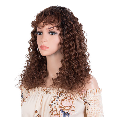 Image of Rebecca Fashion Deep Wave Human Hair Wigs with Bangs Remy Human Hair Wig with Curly Bangs for Black Women Ombre Brown Color
