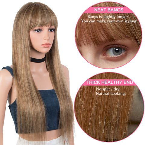 Image of Rebacca Fashion Ombre Brown Blonde Color Straight Human Hair Wigs With Bangs For Women 150% Density