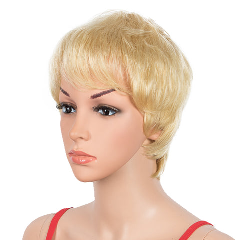 Image of Rebecca Fashion Human Hair Wigs 9 Inch Short Curly Pixie Wigs With Bangs Blonde Color