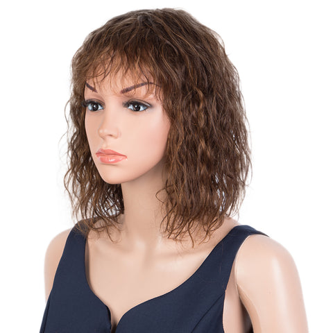 Image of Rebecca Fashion Short Curly Wavy Human Hair Bob Wigs with Bangs for Black Women 100% Human Hair Wigs with Bangs Ombre Brown Color