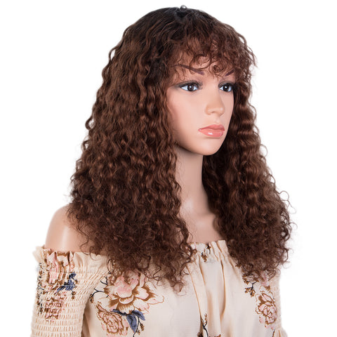 Image of Rebecca Fashion Short Curly Wigs with Curly Bangs Kinky Curly Wigs for Black Women Virgin Remy Wig Can Be Restyled Ombre Brown Color