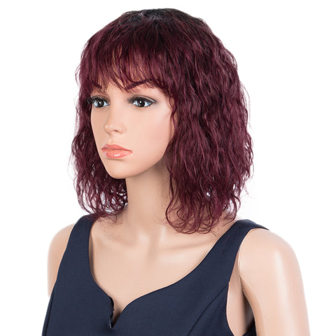 Image of Rebecca Fashion Short Curly Wavy Human Hair Bob Wigs with Bangs for Black Women 100% Human Hair Wigs with Bangs Ombre Burgundy Red Color