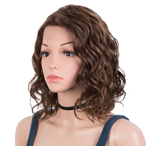 Image of Rebecca Fashion Human Hair Lace Front Wigs 5 inch Side Lace Part Wigs 12 inch Water Wavy Wig  Brown Color