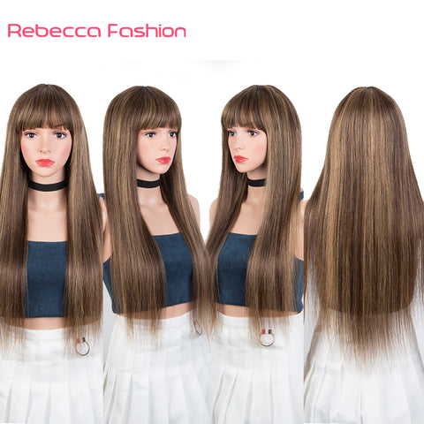 Image of Rebacca Fashion Ombre Brown Color Straight Human Hair Wigs With Bangs For Women Full Machine Made Human Hair Wigs