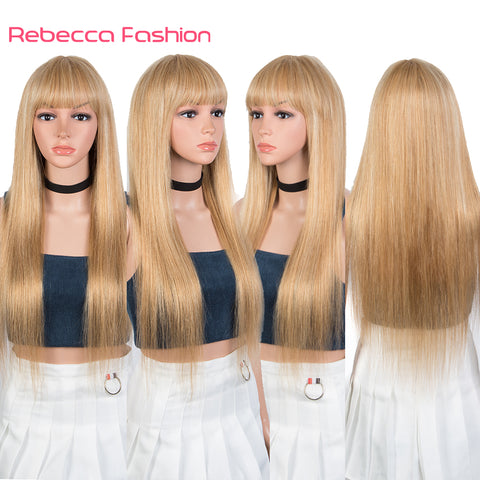 Image of Rebacca Fashion Ombre Blond Color Straight Human Hair Wigs With Bangs For Women Full Machine Made Human Hair Wigs