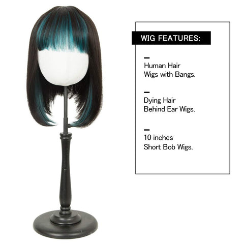 Image of Rebecca Fashion Short Human Hair Bob Wigs With Bangs Ombre Black With Cyan-Blue Color Dying Hair Behind Ear Wigs 10 inch