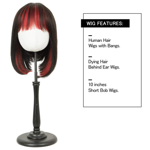 Image of Rebecca Fashion Short Human Hair Bob Wigs With Bangs Ombre Black With Red Color Dying Hair Behind Ear Wigs 10 inch