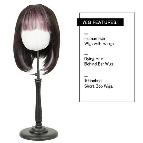 Image of Rebecca Fashion Short Human Hair Bob Wigs With Bangs Ombre Black With Purple Color Dying Hair Behind Ear Wigs 10 inch