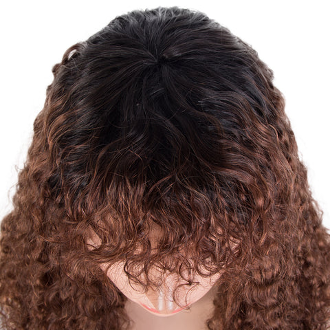 Image of Rebecca Fashion Short Curly Wigs with Curly Bangs Kinky Curly Wigs for Black Women Virgin Remy Wig Can Be Restyled Ombre Brown Color