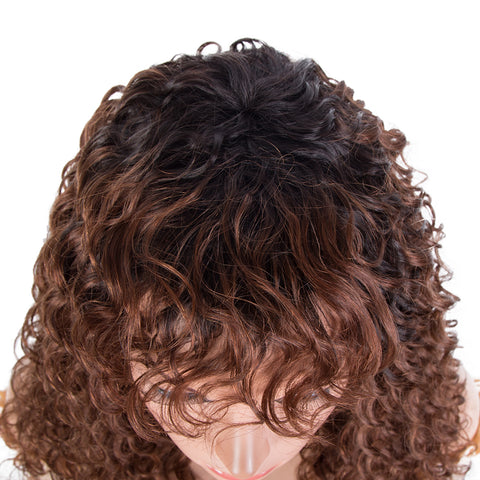 Image of Rebecca Fashion Deep Wave Human Hair Wigs with Bangs Remy Human Hair Wig with Curly Bangs for Black Women Ombre Brown Color