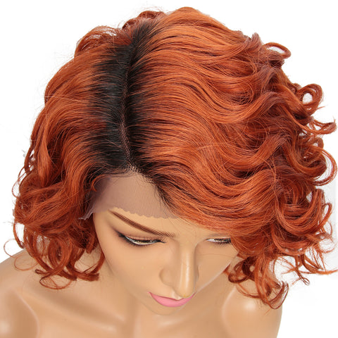 Image of Rebecca Fashion Short Wavy Lace Front Wigs Ginger Wig Human Hair Side Lace Part Wavy Bob Wigs for Women Orange Color