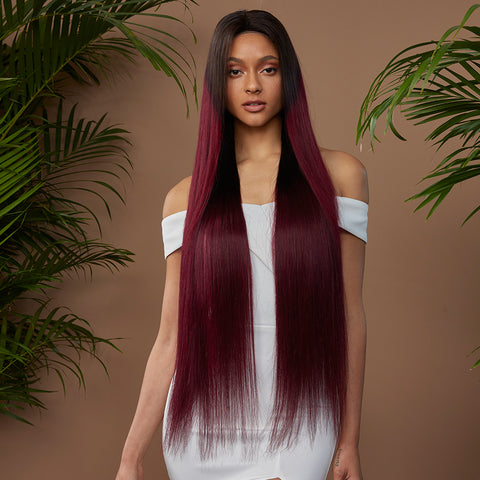 Image of Rebecca Fashion 100% Hight-quality Virgin Human Hair Wigs 4x4 Lace Closure Wigs Straight Human Hair 150% Density Red Wine Color