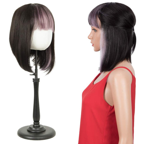 Image of Rebecca Fashion Short Human Hair Bob Wigs With Bangs Ombre Black With Purple Color Dying Hair Behind Ear Wigs 10 inch