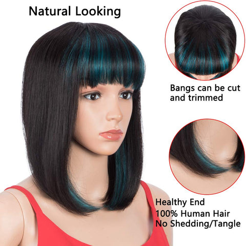 Image of Rebecca Fashion Short Human Hair Bob Wigs With Bangs Ombre Black With Cyan-Blue Color Dying Hair Behind Ear Wigs 10 inch