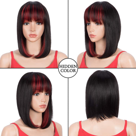Image of Rebecca Fashion Short Human Hair Bob Wigs With Bangs Ombre Black With Red Color Dying Hair Behind Ear Wigs 10 inch